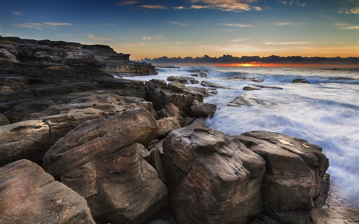 Coast, ocean, rocks, sunrise, beach Wallpapers Pictures Photos Images