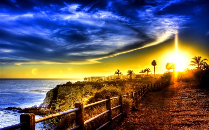 Coast, sea, road, fence, house, sunrise, clouds Wallpapers Pictures Photos Images