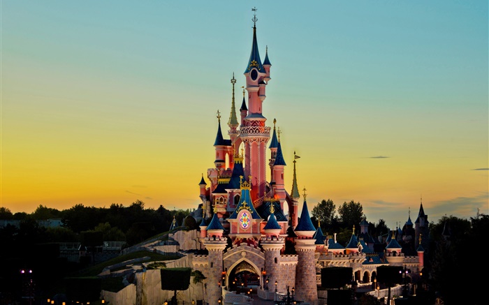 Disneyland, castle, sunset, dusk Wallpapers Pictures Photos Images