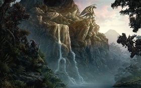 Dragon, cliff, waterfall, creative design HD wallpaper