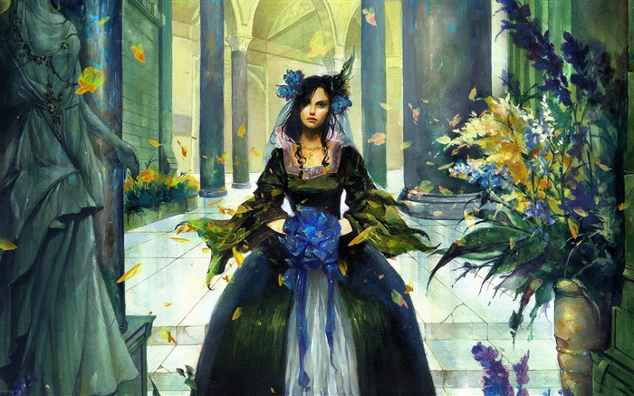 Fantasy girl in hall, blue flower in hand Wallpapers Pictures Photos Images