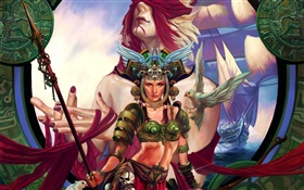 Fantasy warrior girl, bow, lance HD wallpaper