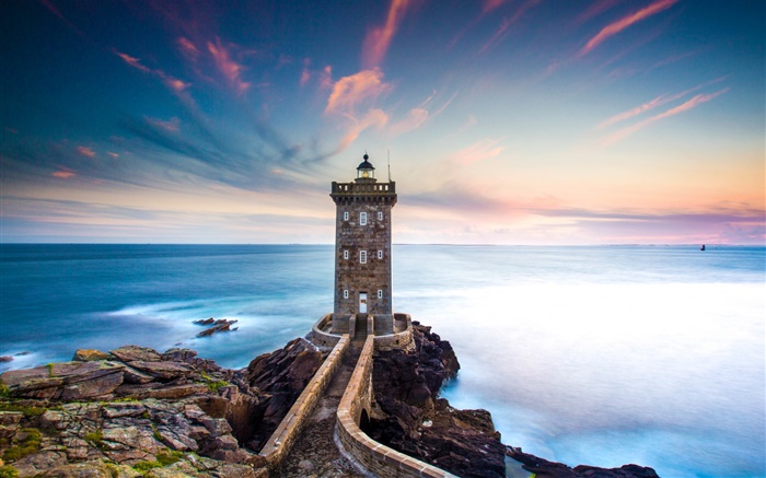 France, Finistere, Kermorvan lighthouse, sea, coast, sunset Wallpapers Pictures Photos Images