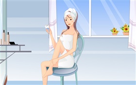 Girl after bath, sit at chair, vector pictures