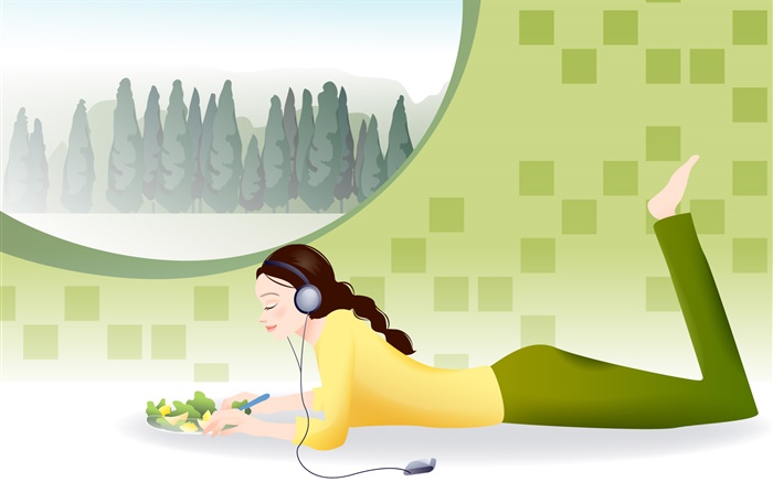 Girl listening music and eating food, winter, vector pictures Wallpapers Pictures Photos Images