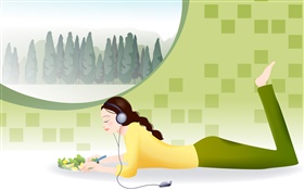 Girl listening music and eating food, winter, vector pictures