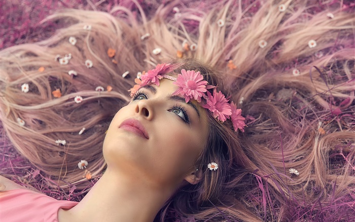 Girl lying ground, lips, wreath, flowers, long hair Wallpapers Pictures Photos Images