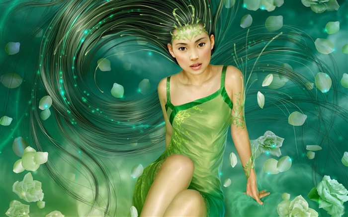 Green dress fantasy girl, long hair Wallpapers Pictures Photos Images