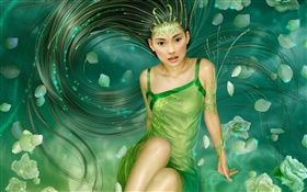 Green dress fantasy girl, long hair HD wallpaper