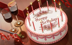 Happy Birthday, cake, candles, wine, gift HD wallpaper