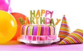 Happy Birthday cake, decoration, sweet food, balloons