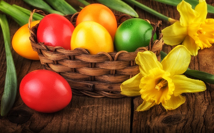 Happy Easter, colorful eggs, decoration, yellow daffodils Wallpapers Pictures Photos Images