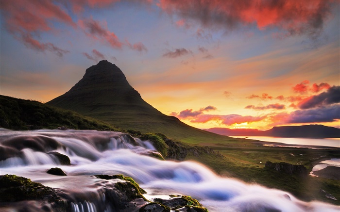 Iceland, Kirkjufell, mountain, waterfall, morning, sunrise Wallpapers Pictures Photos Images