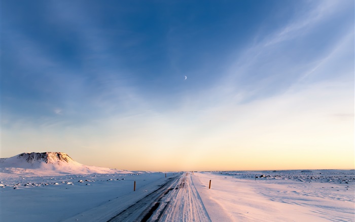 Iceland, winter, snow, road, morning, sky Wallpapers Pictures Photos Images