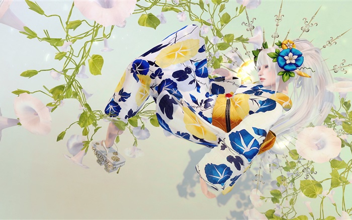 Japanese girl, white hair, kimono, fantasy Wallpapers Pictures Photos Images