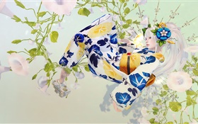 Japanese girl, white hair, kimono, fantasy HD wallpaper