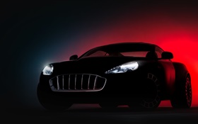Motor show in Geneva, black supercar, red background