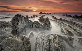 Ocean, coast, rocks, dawn HD wallpaper