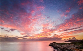 Ocean, coast, rocks, sunset, red sky, beautiful landscape HD wallpaper