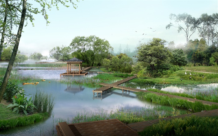 Park view, lake, ducks, trees, pavilion, grass, birds, 3D render pictures Wallpapers Pictures Photos Images
