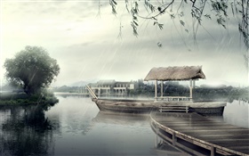Pier, boat, river, trees, rainy day, 3D design