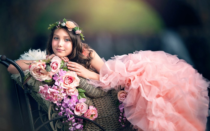 Pink dress girl, flowers, wreath Wallpapers Pictures Photos Images