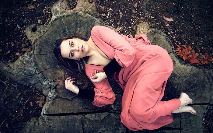 Pink dress girl lying on stump Wallpapers Pictures Photos Images