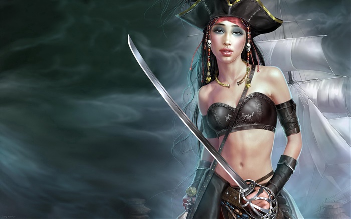 Pirate girl, ship, fantasy art Wallpapers Pictures Photos Images