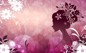 Purple background, vector girl, flowers, beautiful