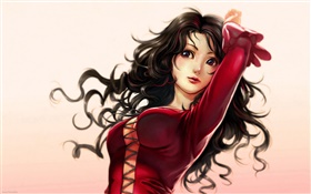 Red dress fantasy girl, curly hair HD wallpaper