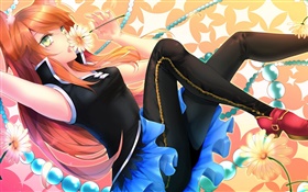 Red hair anime girl, flower HD wallpaper