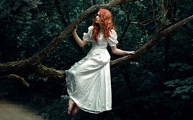 Red haired girl, white dress, forest, tree