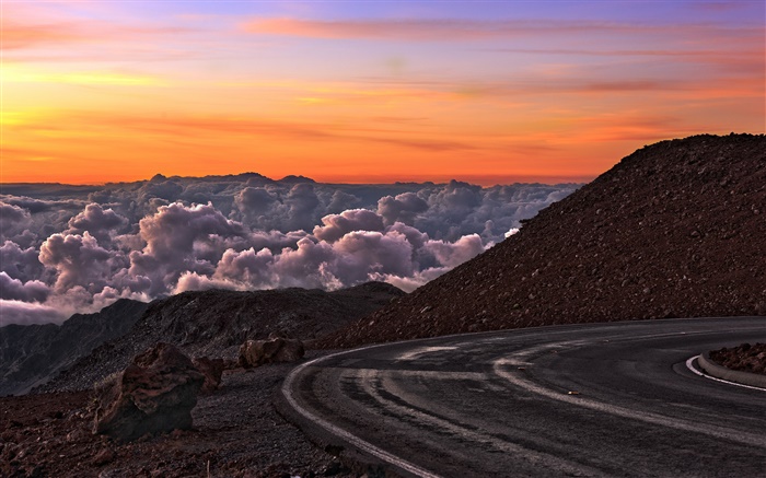 Road, mountains, red sky, clouds, sunset Wallpapers Pictures Photos Images