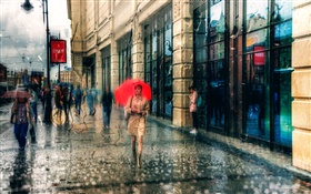 Saint Petersburg, girl, umbrella, rain, street, people