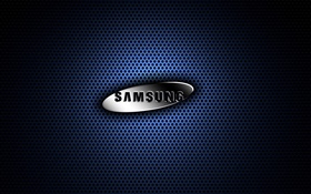 Samsung metal logo, blue background HD wallpaper