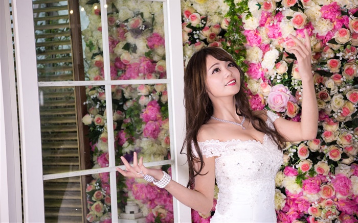 Smile Asian girl, white dress, flowers background Wallpapers Pictures Photos Images