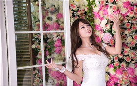 Smile Asian girl, white dress, flowers background HD wallpaper