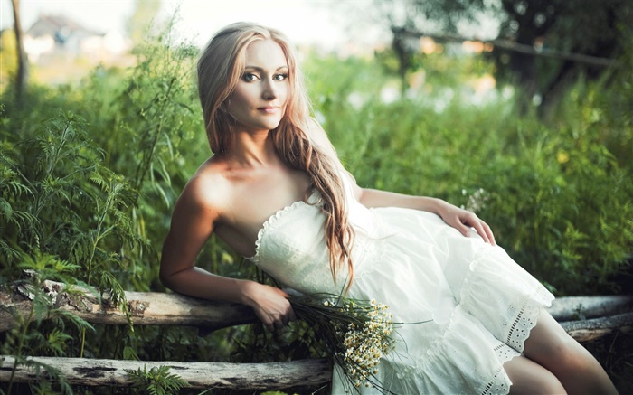 Smile blonde girl, white dress, flowers, bokeh Wallpapers Pictures Photos Images