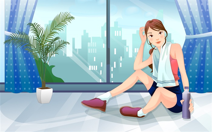 Sport girl, window, city, vector pictures Wallpapers Pictures Photos Images