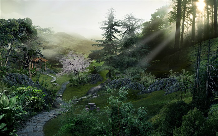 Stone path in the park, trees, sun rays, 3D render design Wallpapers Pictures Photos Images