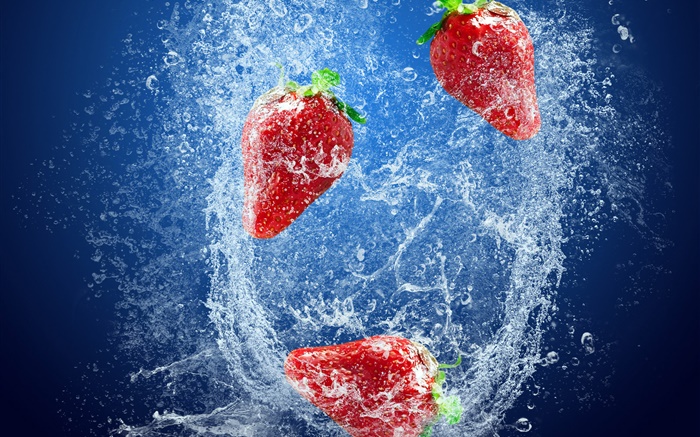 Strawberries, red berries, water splash, bubbles Wallpapers Pictures Photos Images