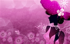Summer, purple background, vector girl, sun, flowers, butterfly