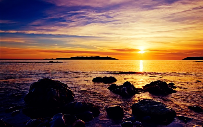 Sunset coast, stones, sea, beautiful Wallpapers Pictures Photos Images