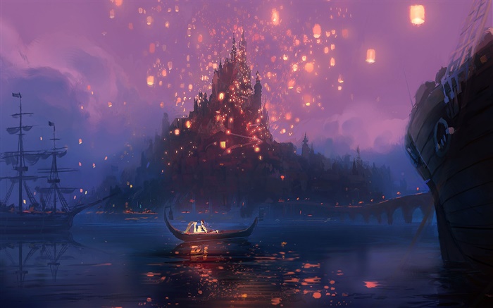 Tangled, Rapunzel, river, boat, night, lights, cartoon movie, art Wallpapers Pictures Photos Images