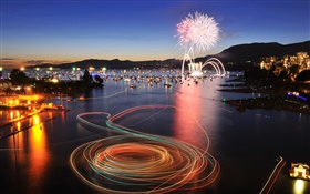 Vancouver, British Columbia, Canada, English Bay, night, fireworks, boats HD wallpaper
