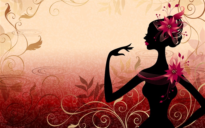 Vector girl, right view, flowers, red background Wallpapers Pictures Photos Images