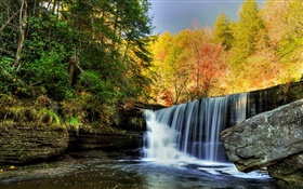 Waterfall, rocks, stones, trees, autumn