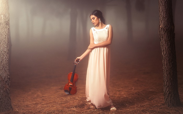 White dress girl in the forest, violin, mood Wallpapers Pictures Photos Images