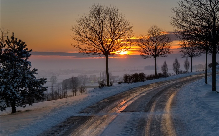 Winter, morning, dawn, road, trees, snow, sunrise HD Wallpapers