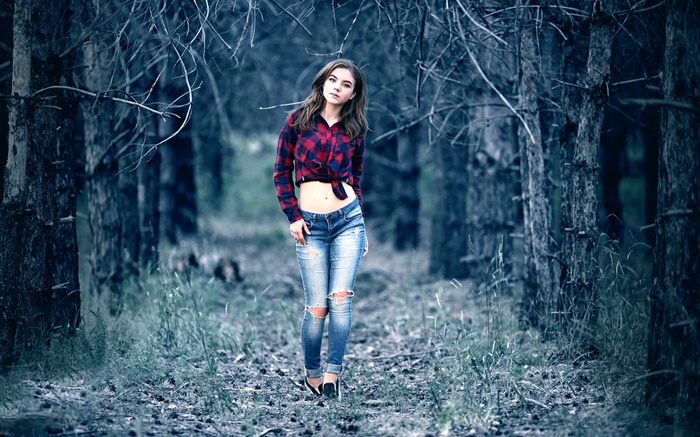 Young girl in the mysterious forest, walk, jeans, midsection, shirt Wallpapers Pictures Photos Images